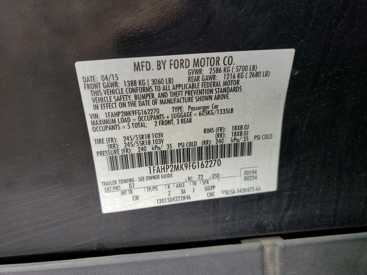 Photo 10 from auction – 2015 FORD TAURUS POL with VIN 1FAHP2MK9FG162270