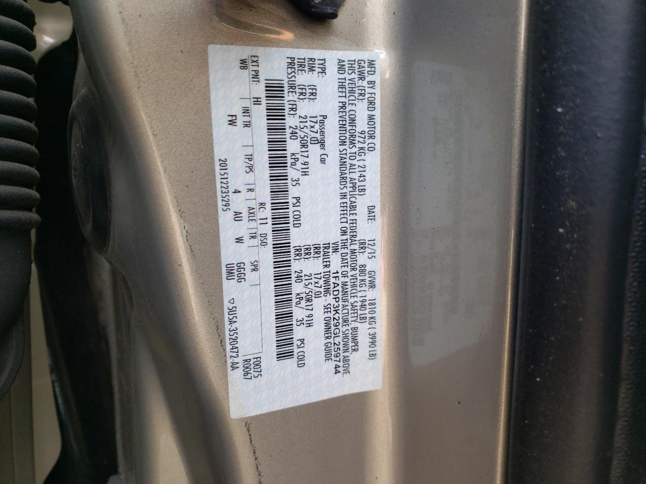 Photo 10 from auction – 2016 FORD FOCUS SE with VIN 1FADP3K29GL259744