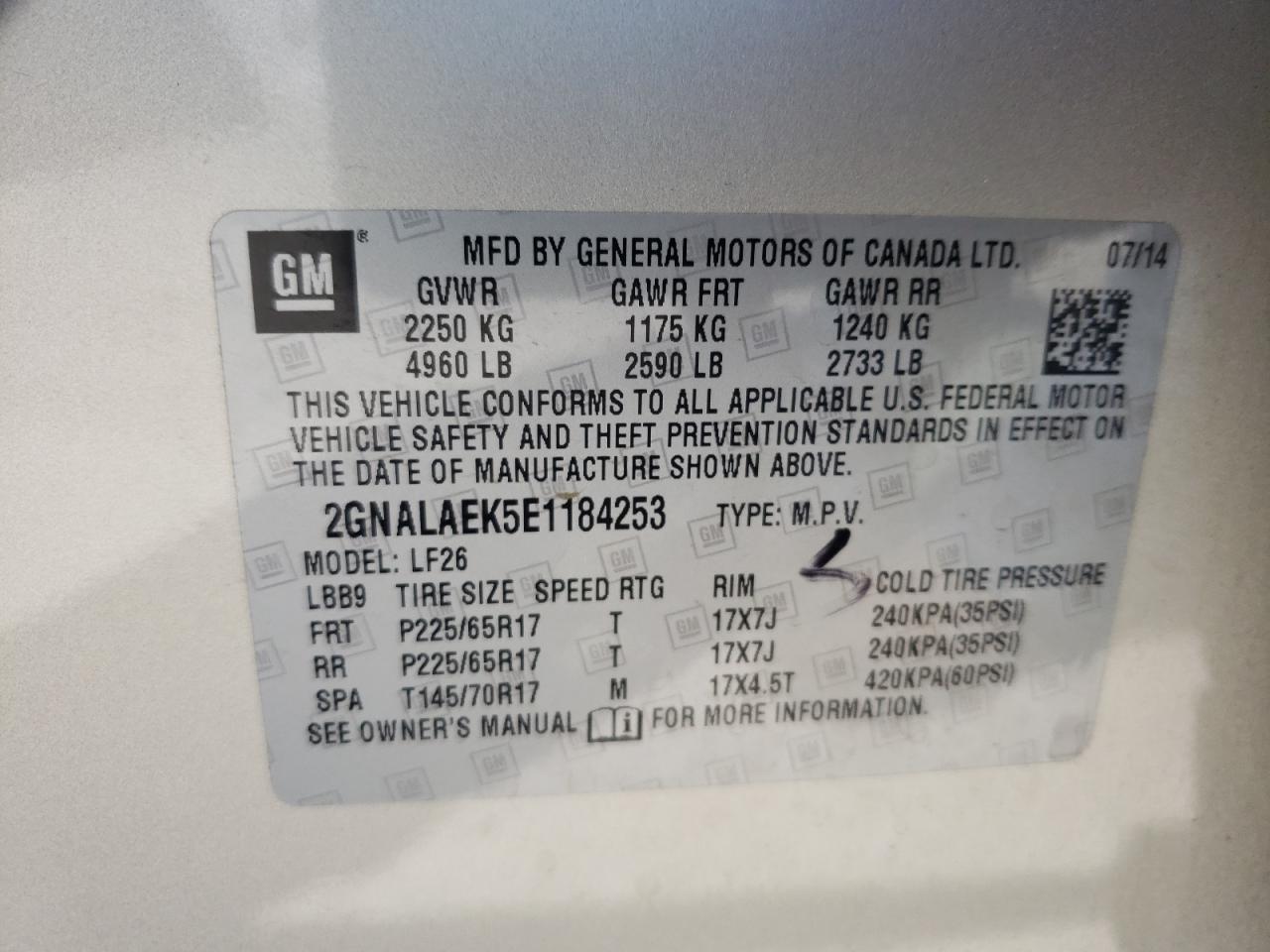 Photo 10 from auction – 2014 CHEVROLET EQUINOX LS with VIN 2GNALAEK5E1184253