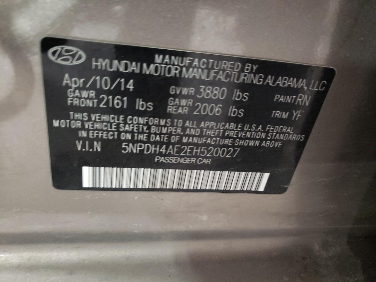 Photo 10 from auction – 2014 HYUNDAI ELANTRA with VIN 5NPDH4AE2EH520027