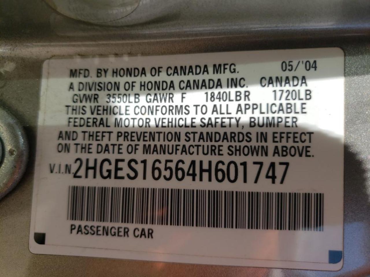 Photo 10 from auction – 2004 HONDA CIVIC LX with VIN 2HGES16564H601747