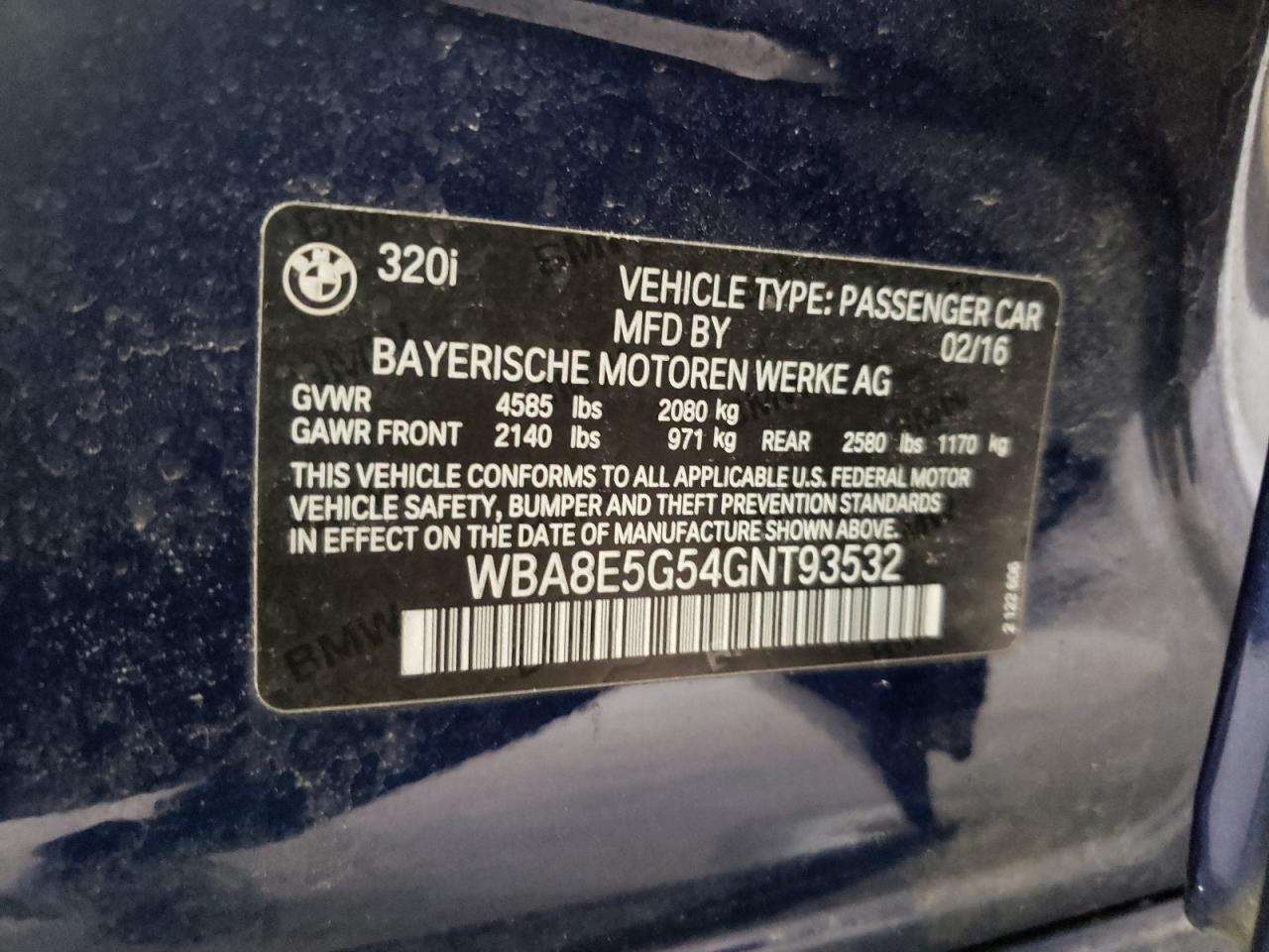Photo 10 from auction – 2016 BMW 320 XI with VIN WBA8E5G54GNT93532