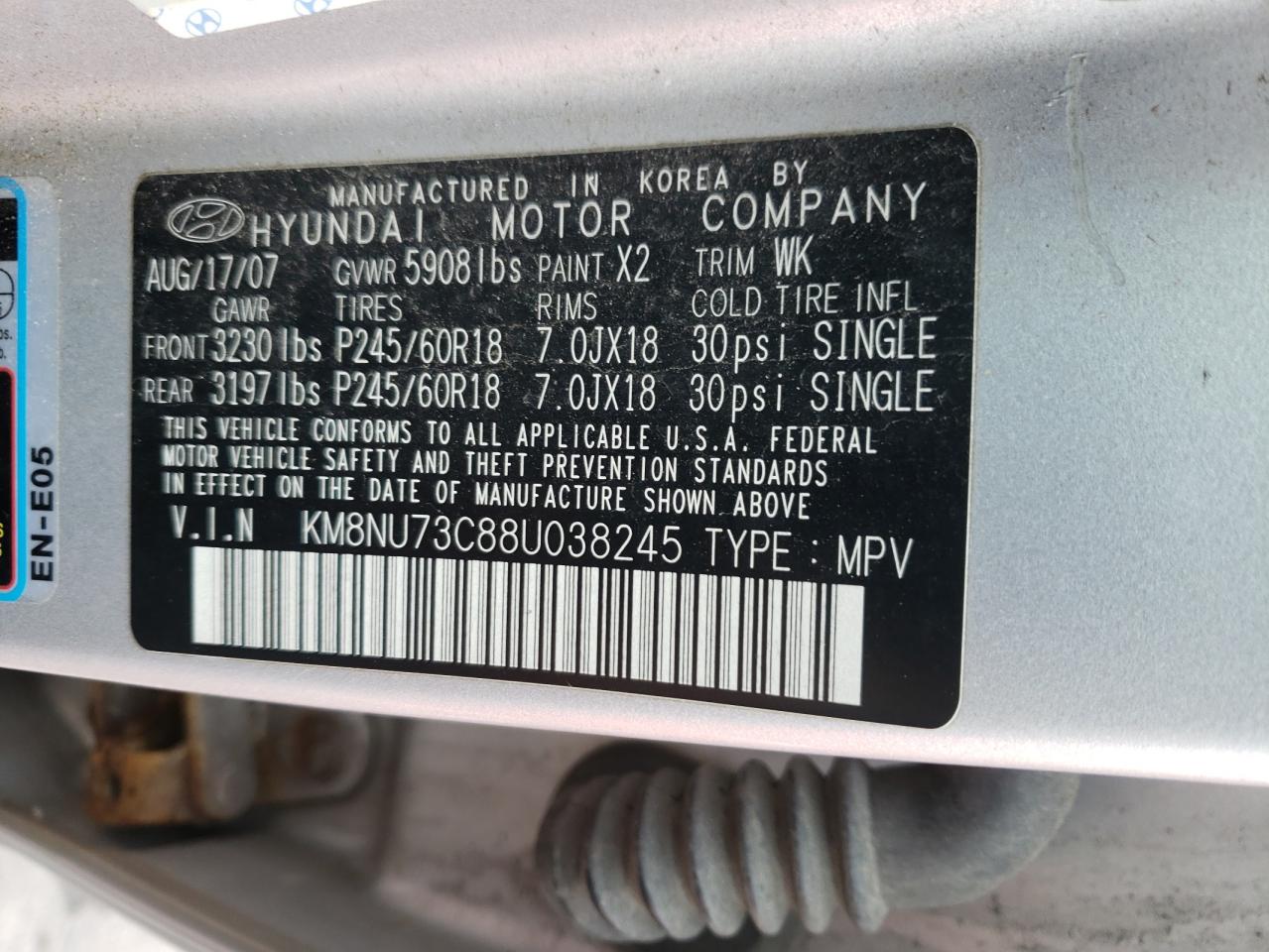 Photo 10 from auction – 2008 HYUNDAI VERACRUZ G with VIN KM8NU73C88U038245