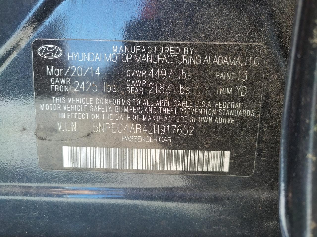 Photo 10 from auction – 2014 HYUNDAI SONATA SE with VIN 5NPEC4AB4EH917652