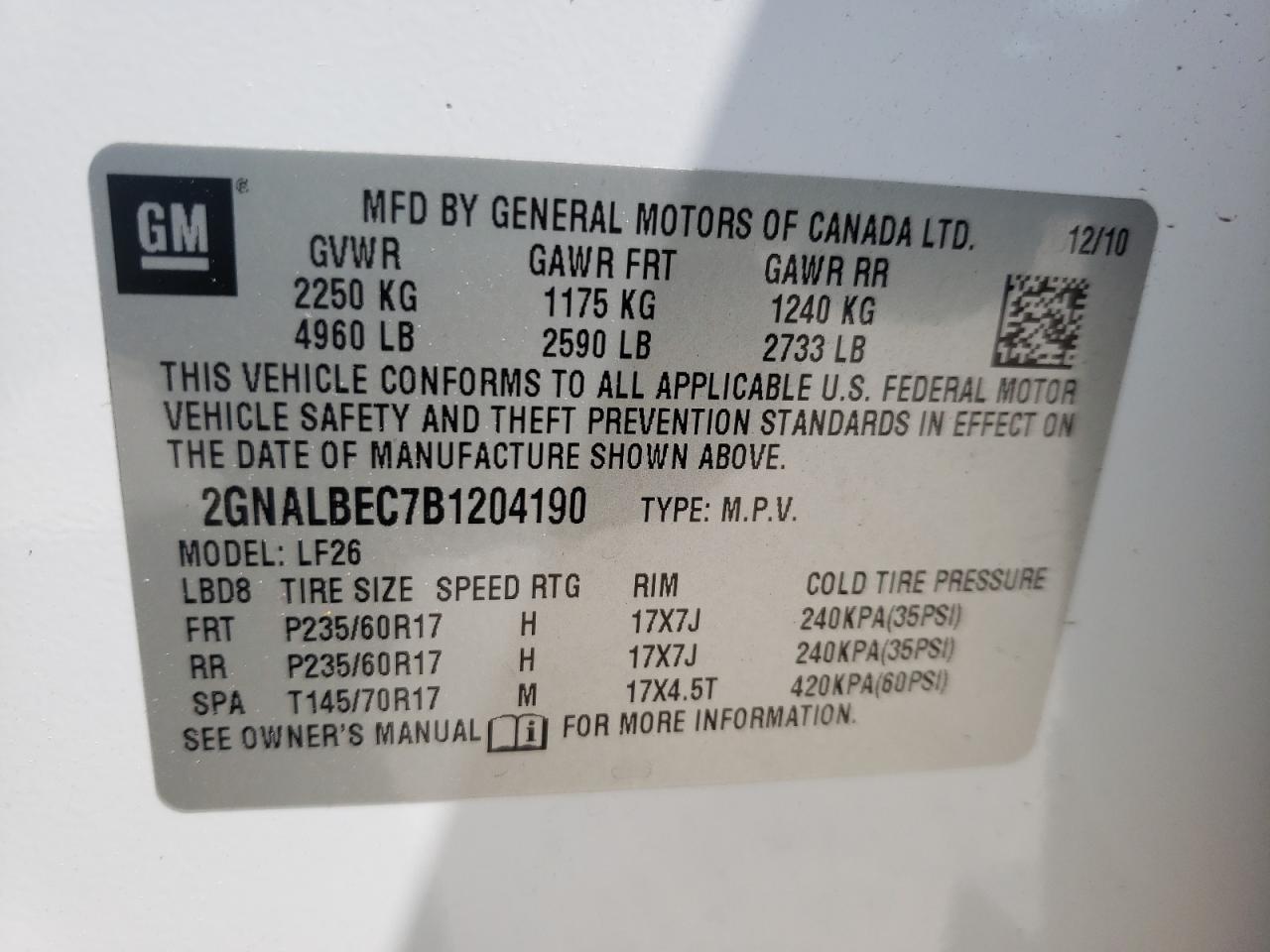 Photo 10 from auction – 2011 CHEVROLET EQUINOX LS with VIN 2GNALBEC7B1204190
