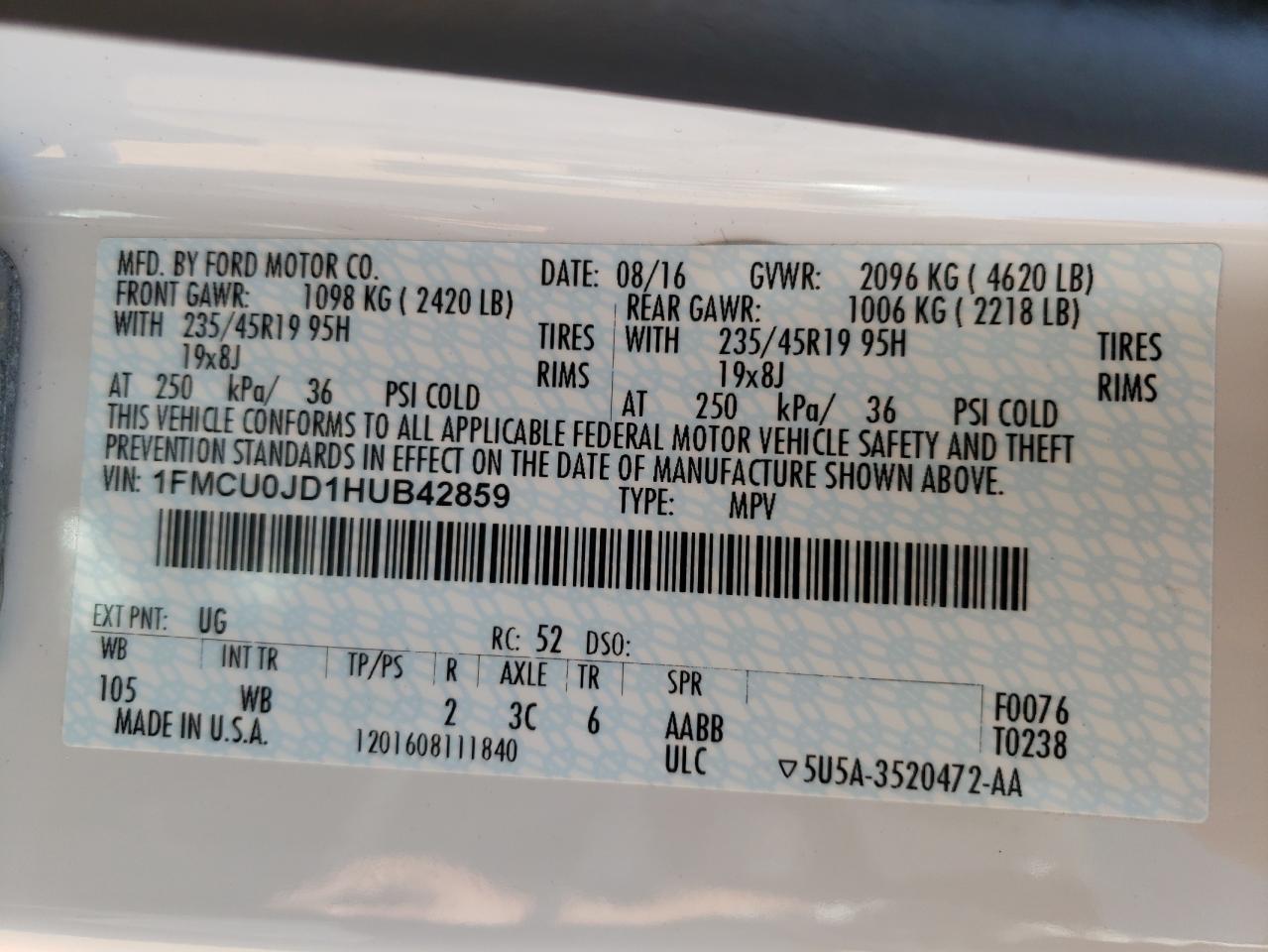 Photo 10 from auction – 2017 FORD ESCAPE TIT with VIN 1FMCU0JD1HUB42859
