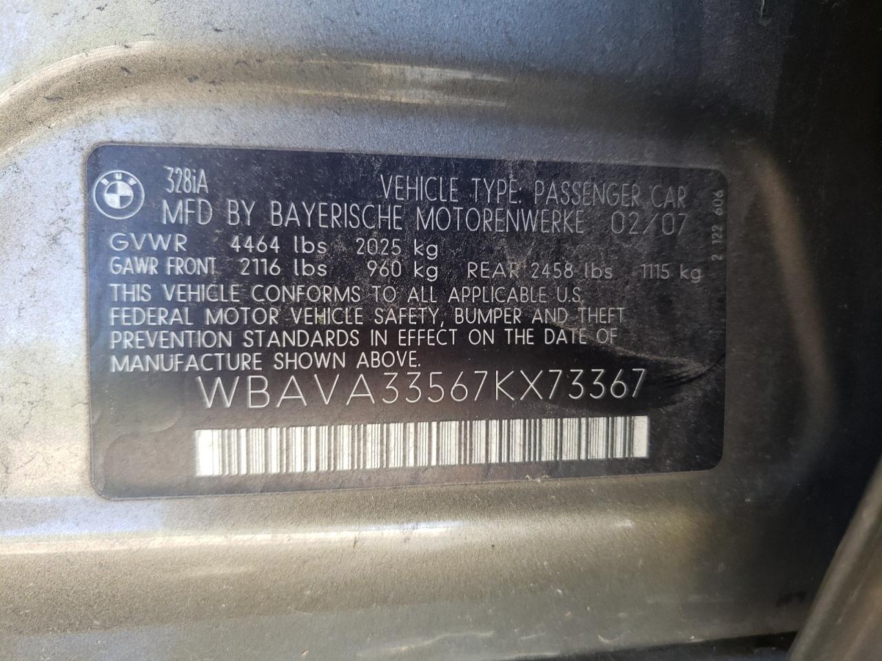 Photo 10 from auction – 2007 BMW 328 I with VIN WBAVA33567KX73367