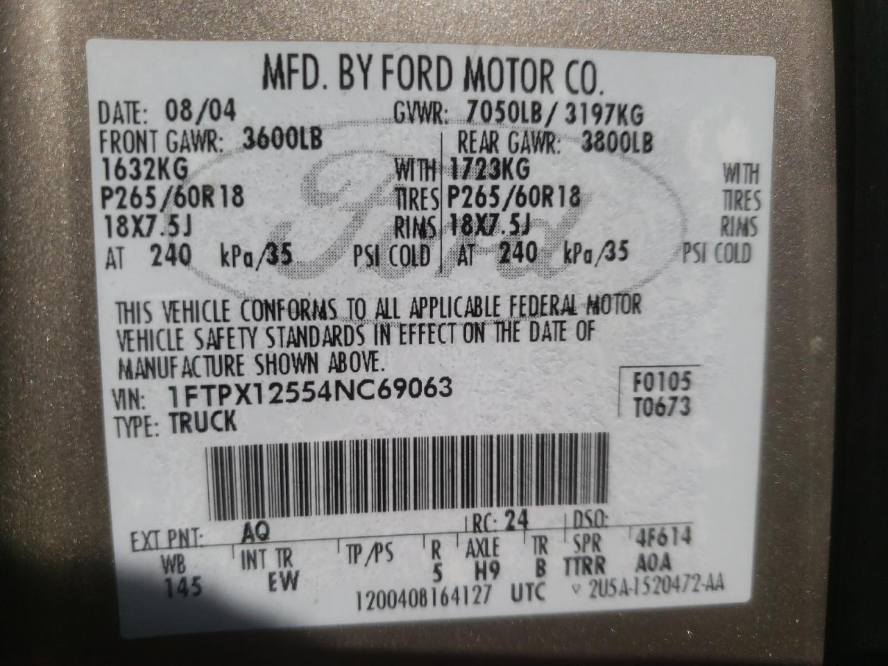 Photo 10 from auction – 2004 FORD F150 with VIN 1FTPX12554NC69063