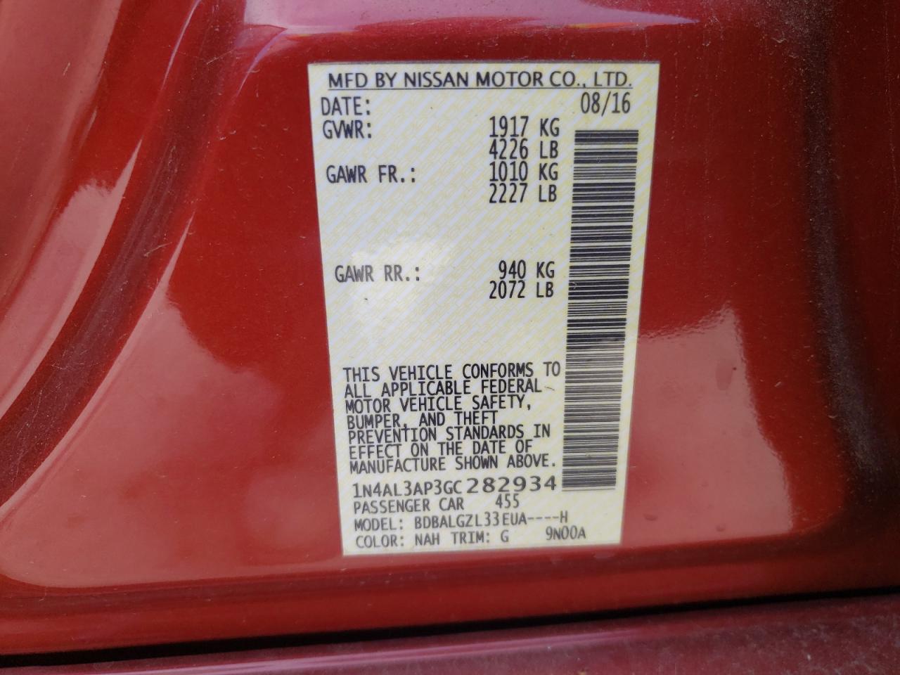 Photo 10 from auction – 2016 NISSAN ALTIMA 2.5 with VIN 1N4AL3AP3GC282934