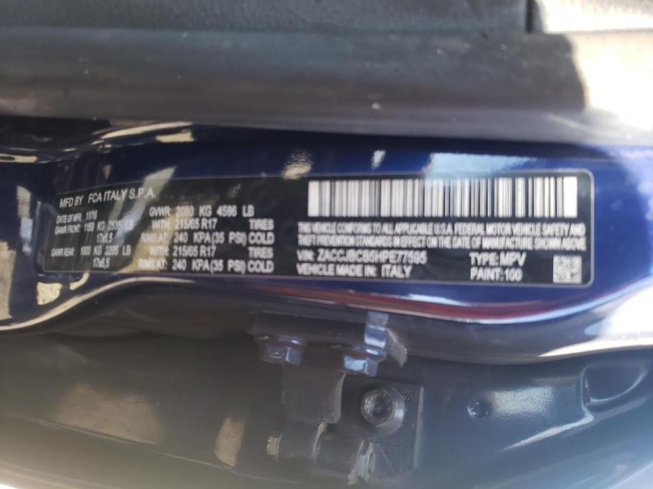 Photo 10 from auction – 2017 JEEP RENEGADE T with VIN ZACCJBCB5HPE77595