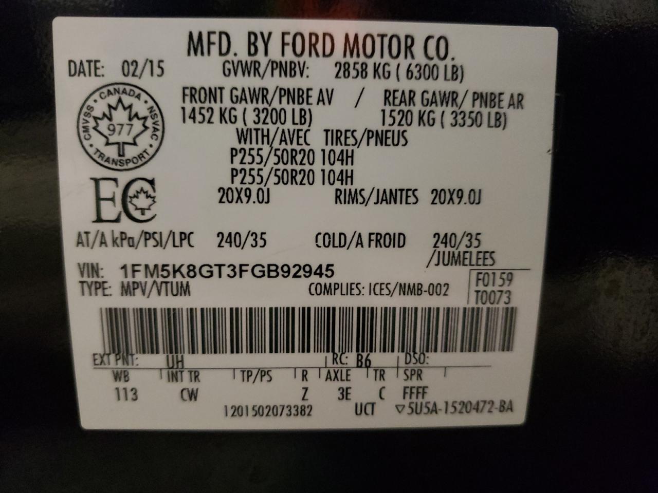 Photo 10 from auction – 2015 FORD EXPLORER S with VIN 1FM5K8GT3FGB92945