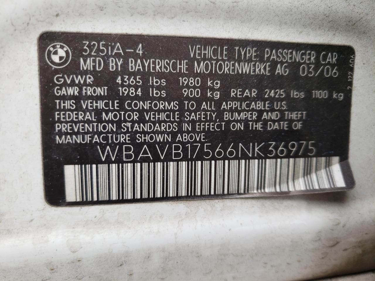 Photo 10 from auction – 2006 BMW 325 I AUTO with VIN WBAVB17566NK36975