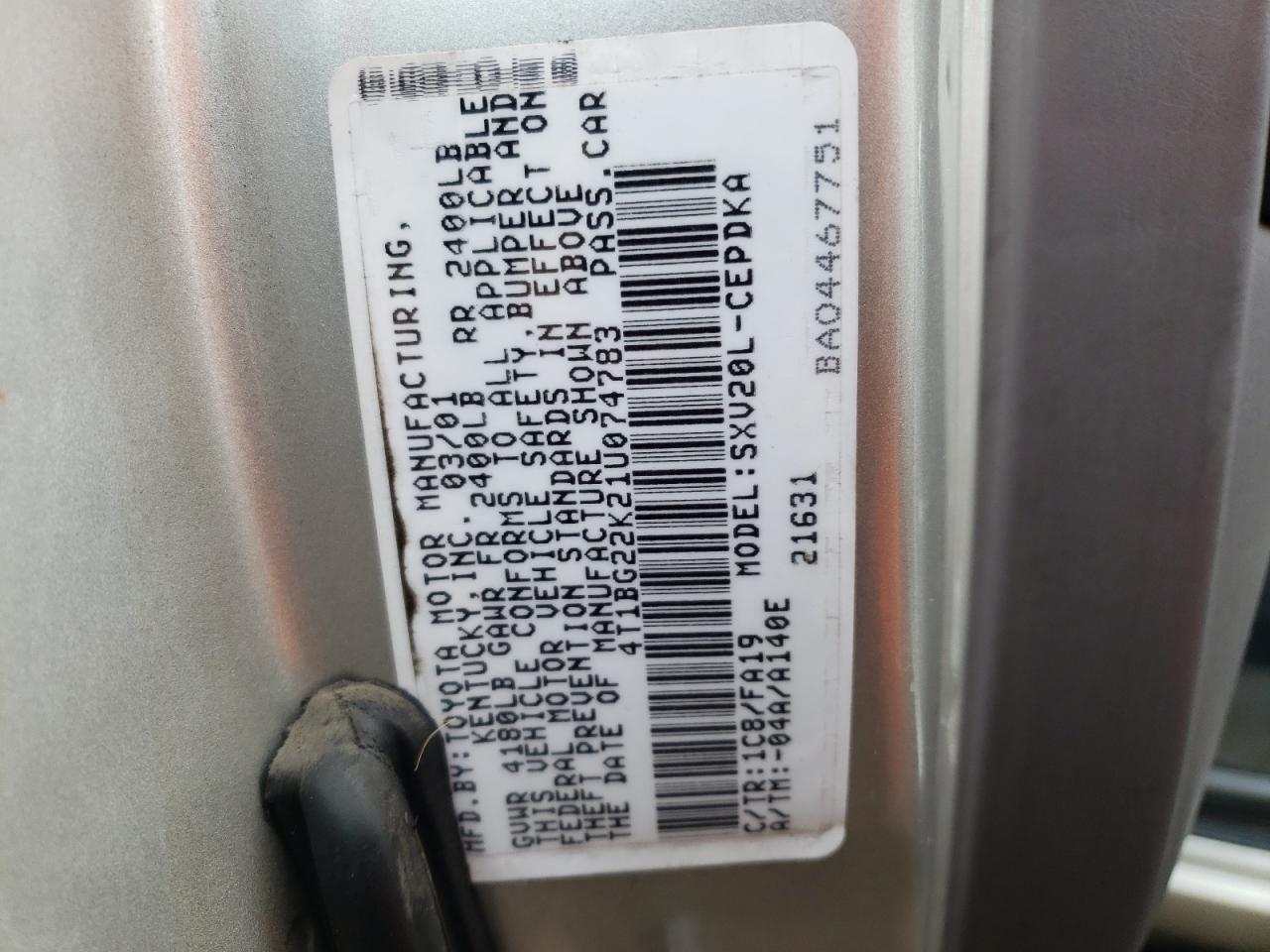 Photo 10 from auction – 2001 TOYOTA CAMRY CE with VIN 4T1BG22K21U074783