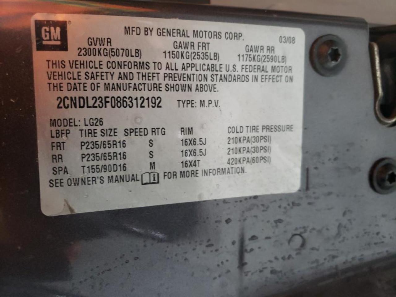 Photo 10 from auction – 2008 CHEVROLET EQUINOX LS with VIN 2CNDL23F086312192