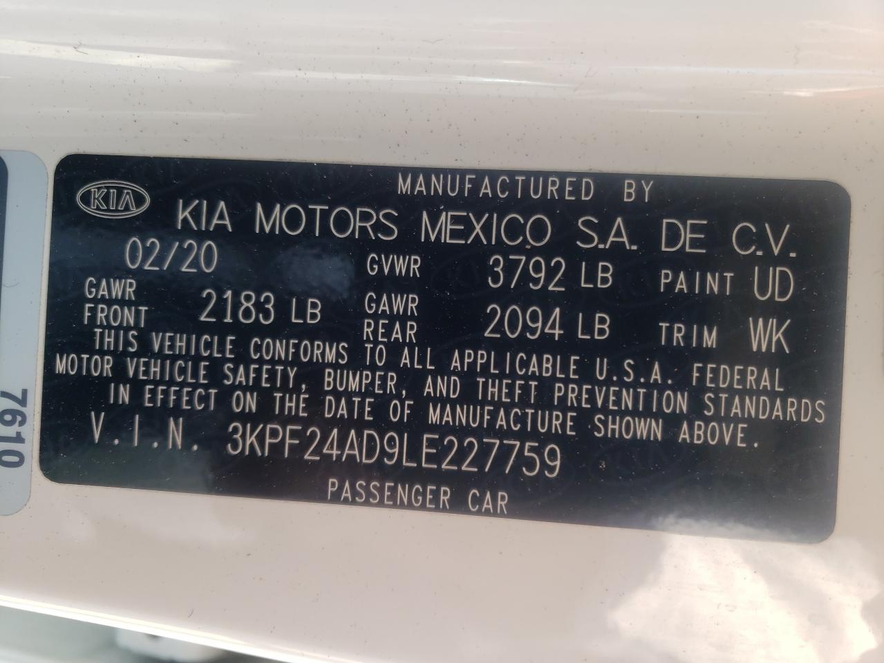 Photo 10 from auction – 2020 KIA FORTE FE with VIN 3KPF24AD9LE227759