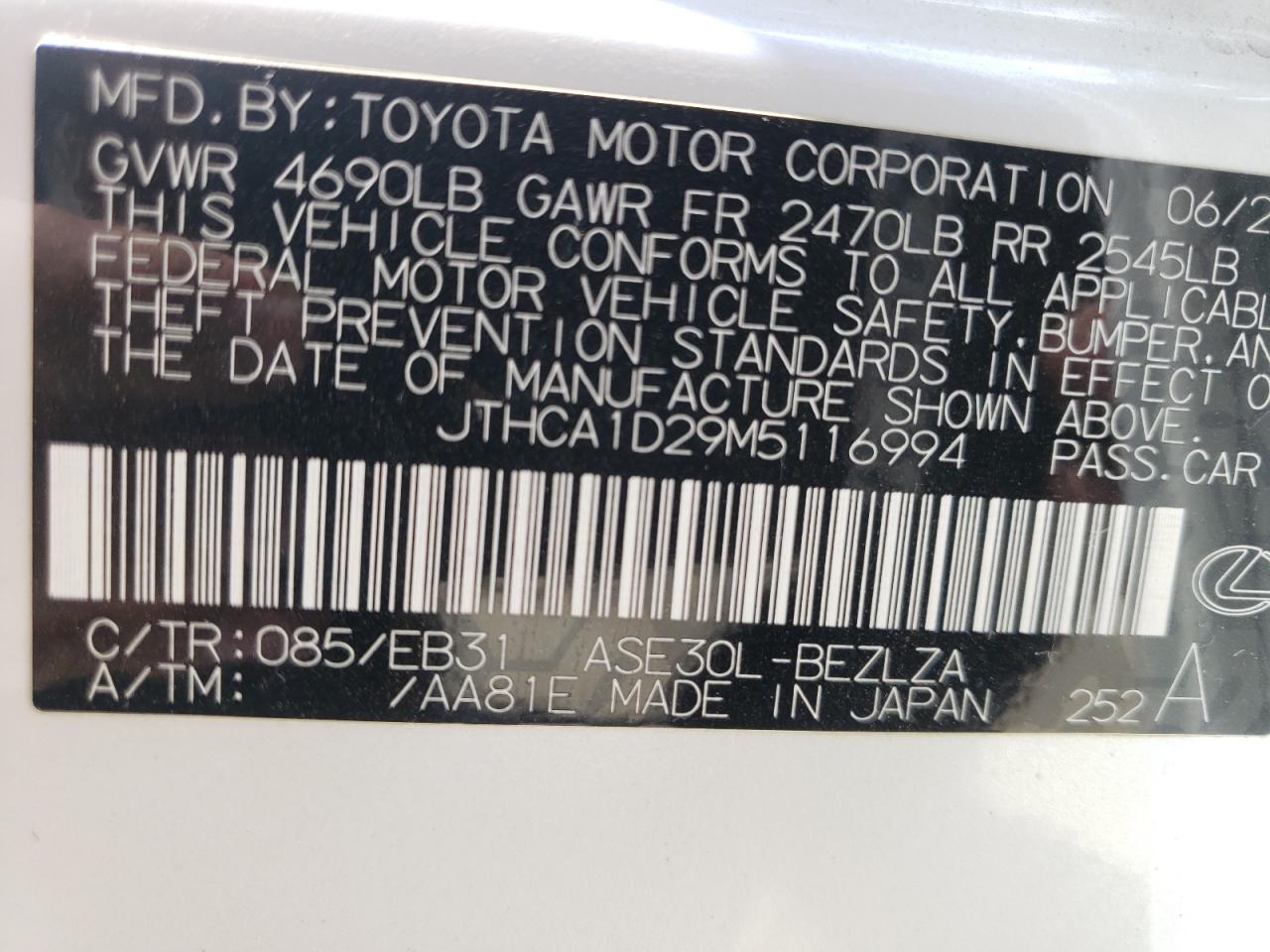 Photo 10 from auction – 2021 LEXUS IS 300 with VIN JTHCA1D29M5116994