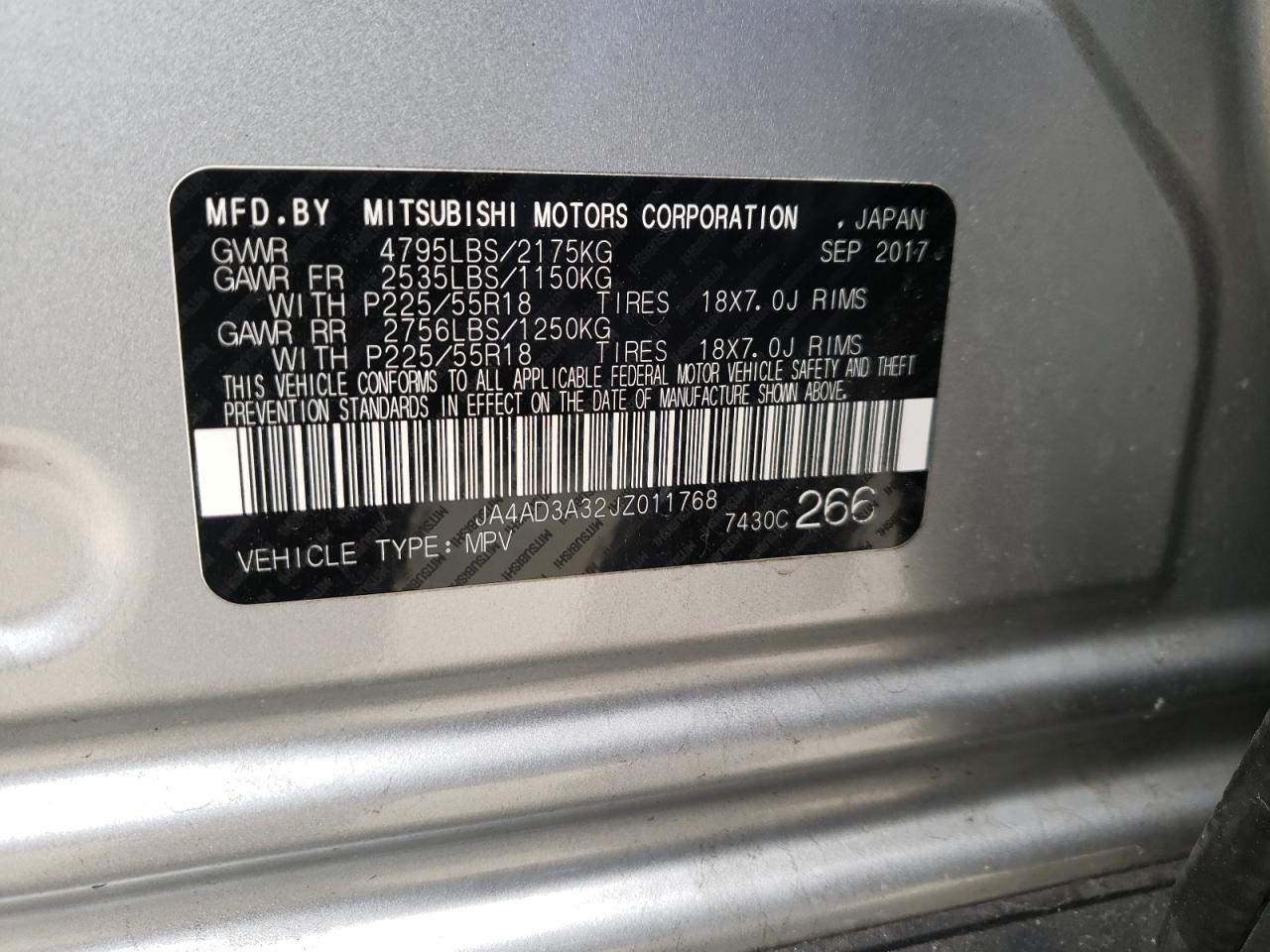 Photo 10 from auction – 2018 MITSUBISHI OUTLANDER with VIN JA4AD3A32JZ011768