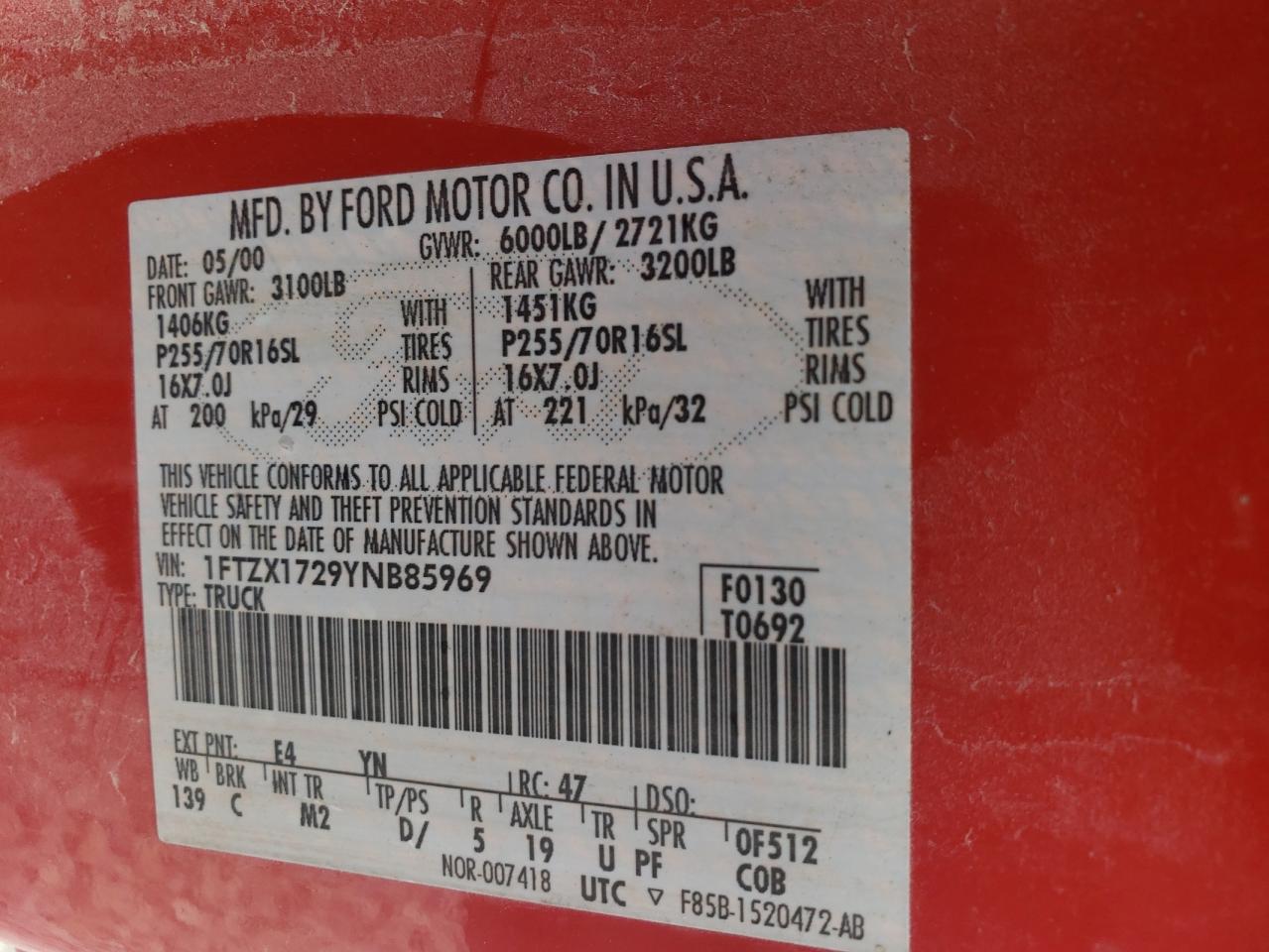 Photo 10 from auction – 2000 FORD F150 with VIN 1FTZX1729YNB85969