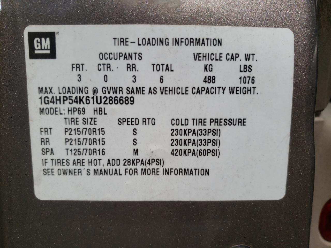 Photo 10 from auction – 2001 BUICK LESABRE CU with VIN 1G4HP54K61U286689