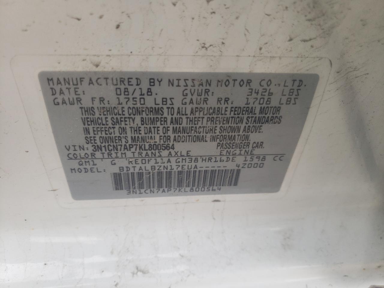 Photo 10 from auction – 2019 NISSAN VERSA S with VIN 3N1CN7AP7KL800564