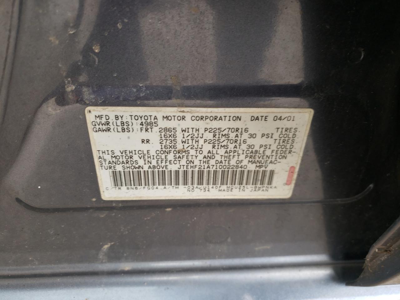 Photo 10 from auction – 2001 TOYOTA HIGHLANDER with VIN JTEHF21A710022840