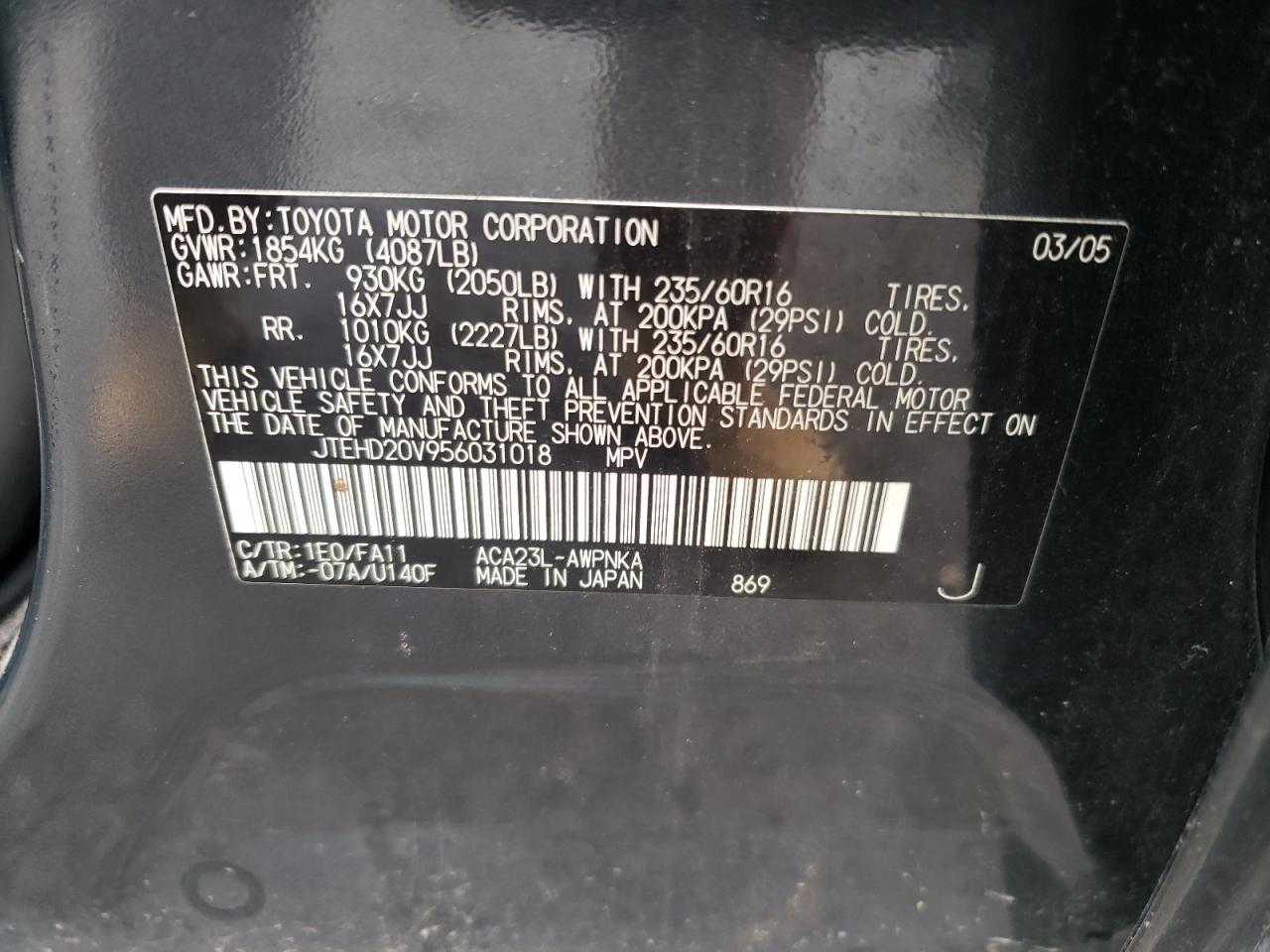 Zdjęcie 10 z aukcji – 2005 TOYOTA RAV4 z VIN JTEHD20V956031018