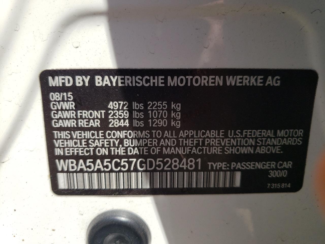 Photo 10 from auction – 2016 BMW 528 I with VIN WBA5A5C57GD528481