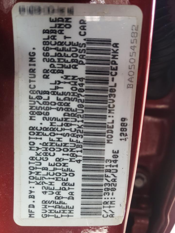 Photo 10 from auction – 2002 TOYOTA CAMRY with VIN 4T1BF32K12U027044