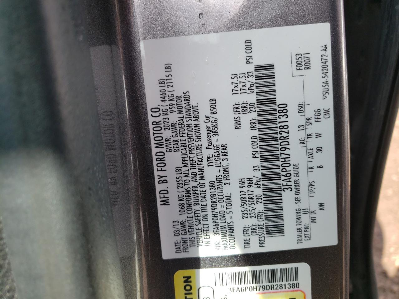 Photo 10 from auction – 2013 FORD FUSION SE with VIN 3FA6P0H79DR281380