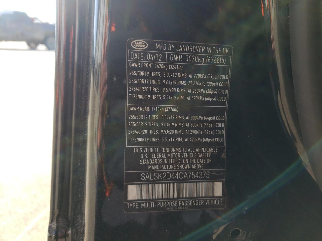 Photo 10 from auction – 2012 LAND ROVER RANGE ROVE with VIN SALSK2D44CA754375