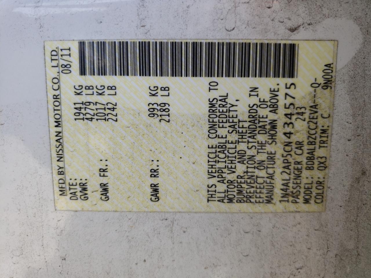 Photo 10 from auction – 2012 NISSAN ALTIMA BAS with VIN 1N4AL2AP5CN434575