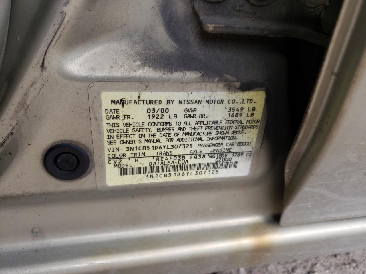Photo 10 from auction – 2000 NISSAN SENTRA BAS with VIN 3N1CB51D6YL307325