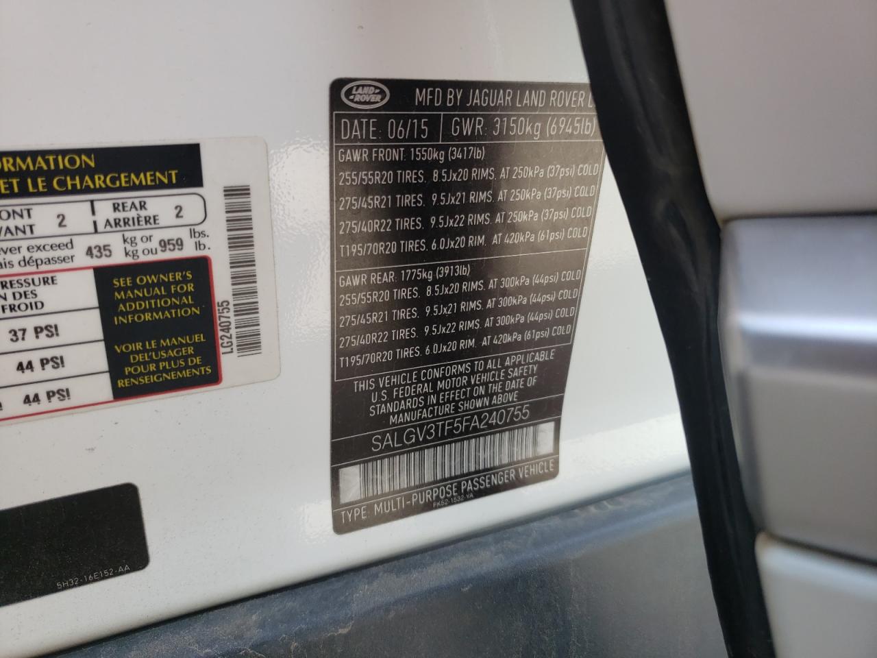 Photo 10 from auction – 2015 LAND ROVER RANGE ROVE with VIN SALGV3TF5FA240755