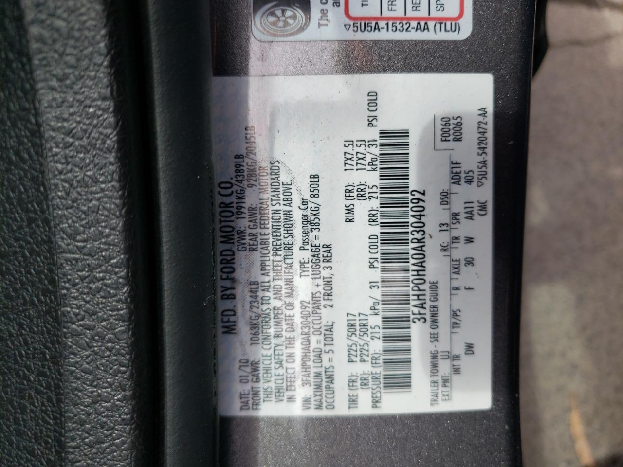 Photo 10 from auction – 2010 FORD FUSION with VIN 3FAHP0HA0AR304092