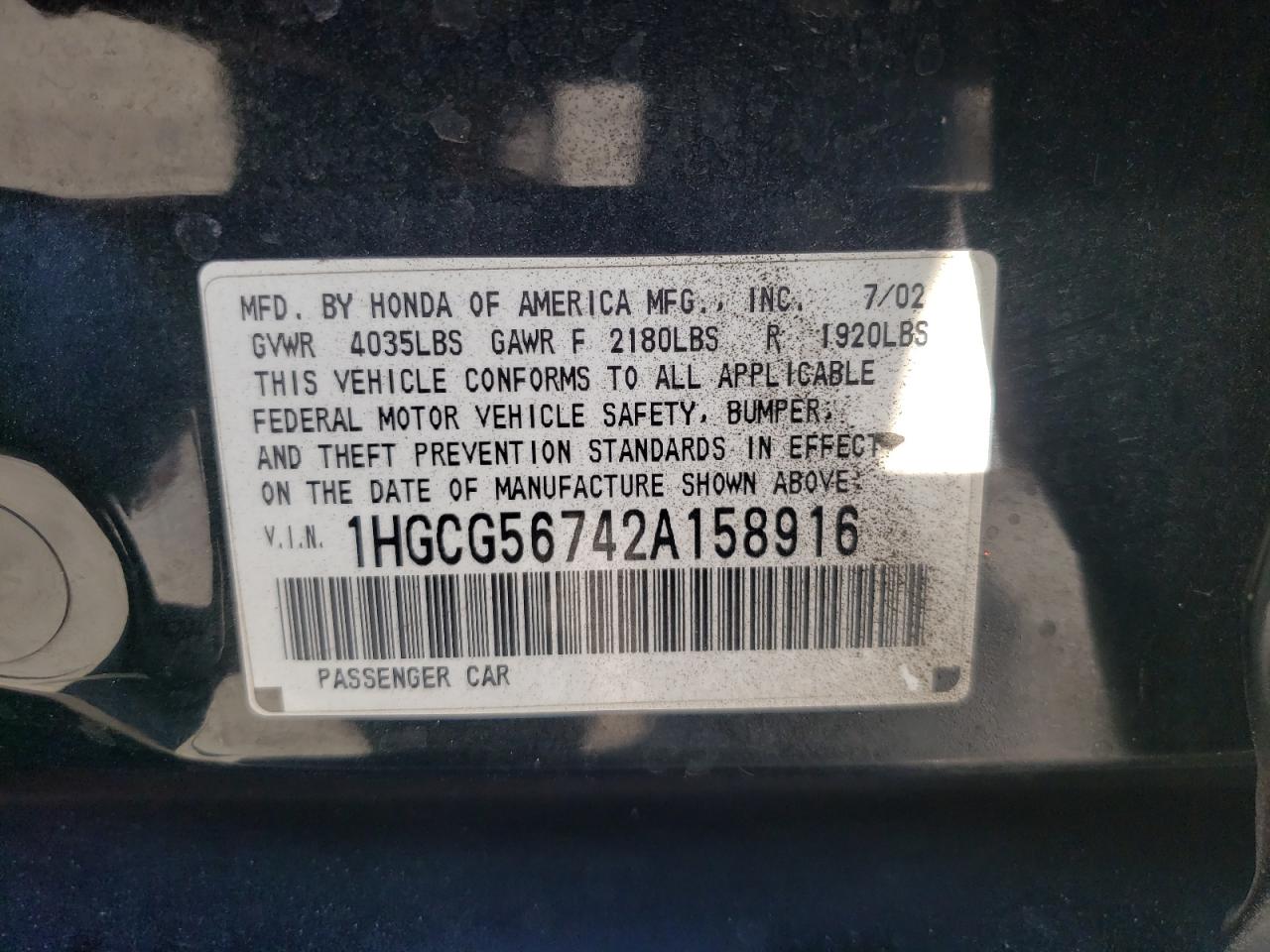 Photo 10 from auction – 2002 HONDA ACCORD with VIN 1HGCG56742A158916