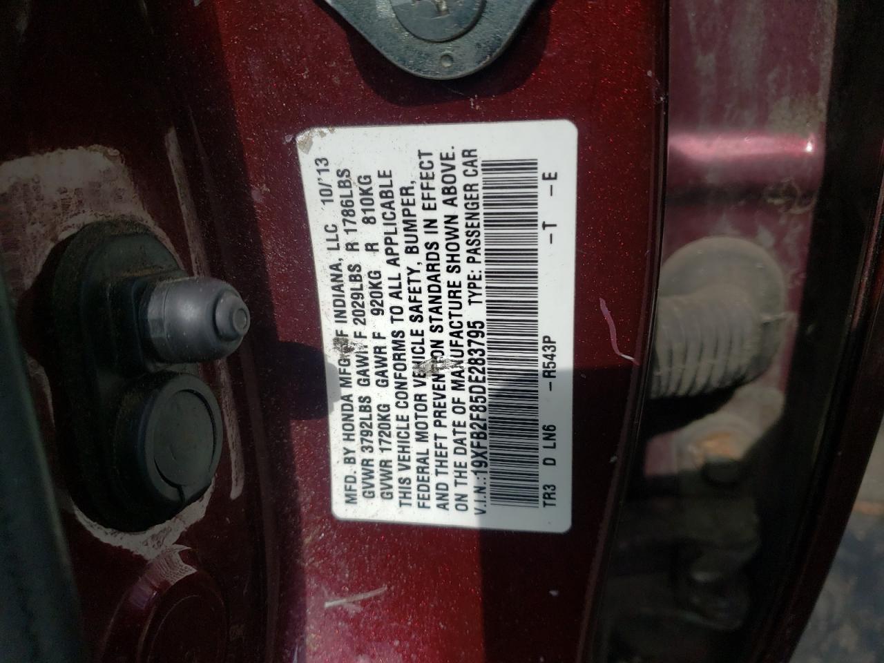Photo 10 from auction – 2013 HONDA CIVIC EX with VIN 19XFB2F85DE283795