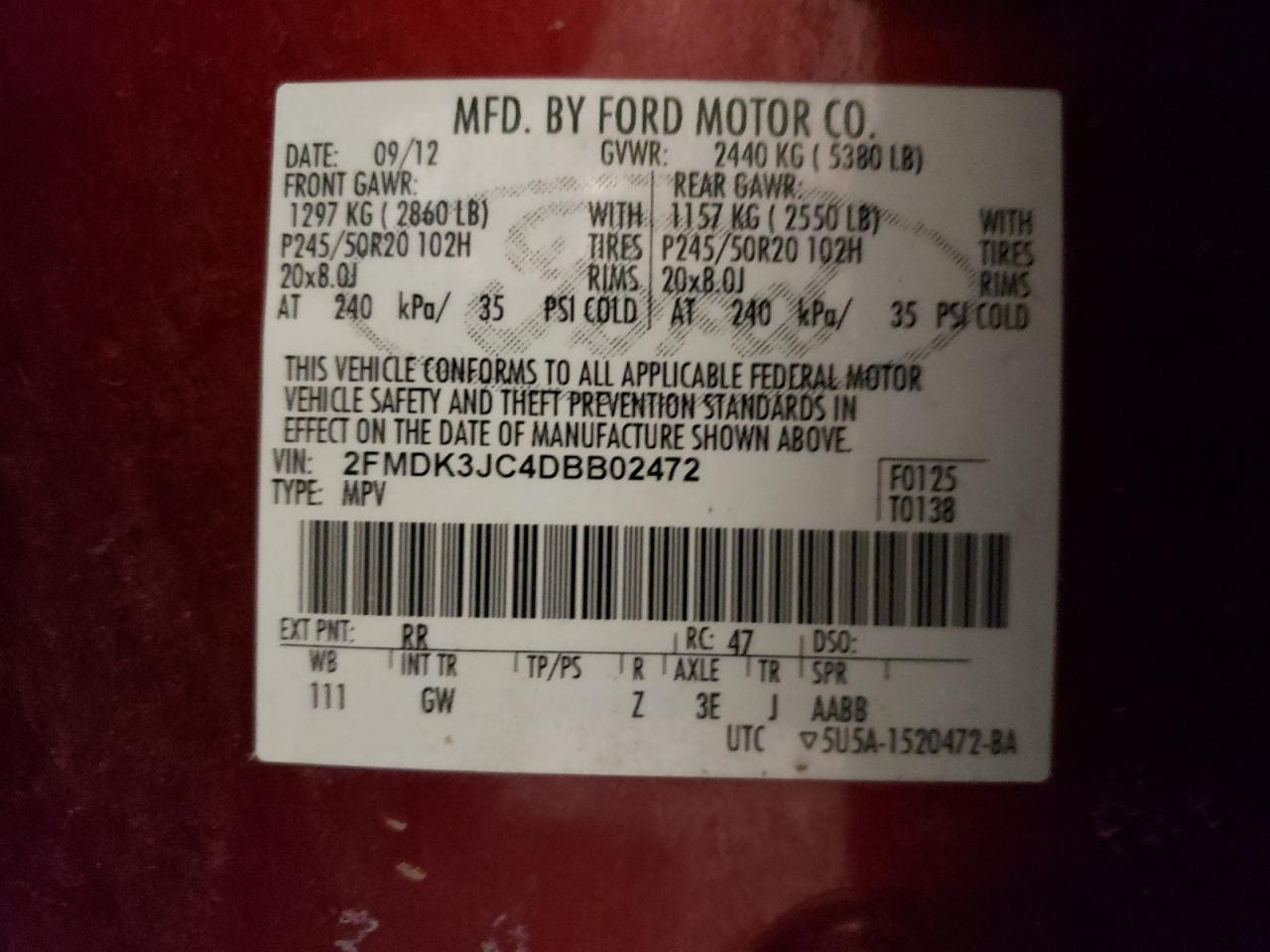 Photo 10 from auction – 2013 FORD EDGE SEL with VIN 2FMDK3JC4DBB02472
