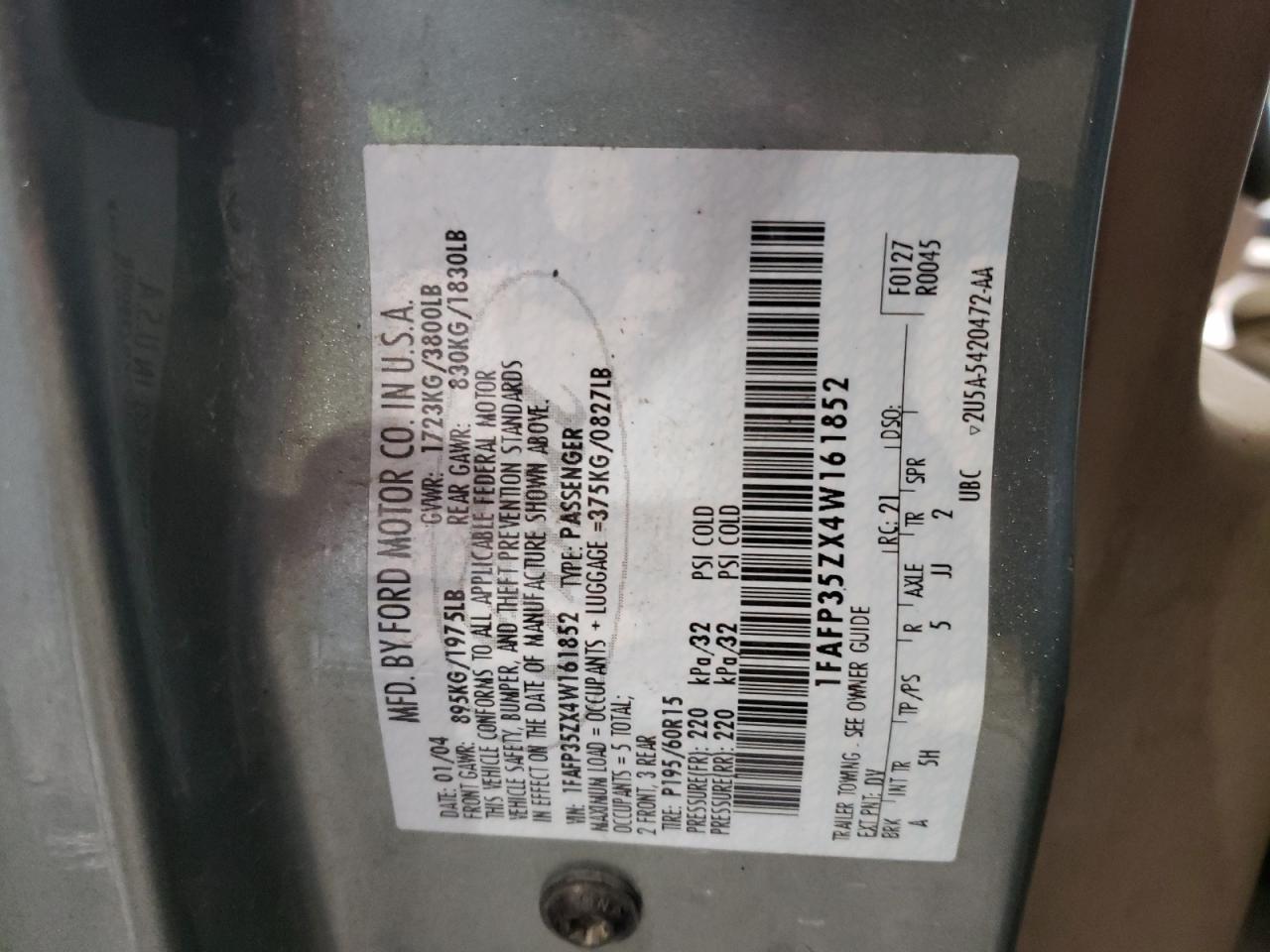 Photo 10 from auction – 2004 FORD FOCUS ZTW with VIN 1FAFP35ZX4W161852