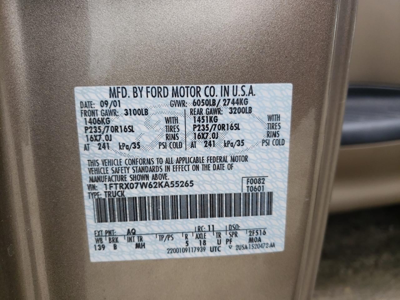 Photo 10 from auction – 2002 FORD F150 with VIN 1FTRX07W62KA55265