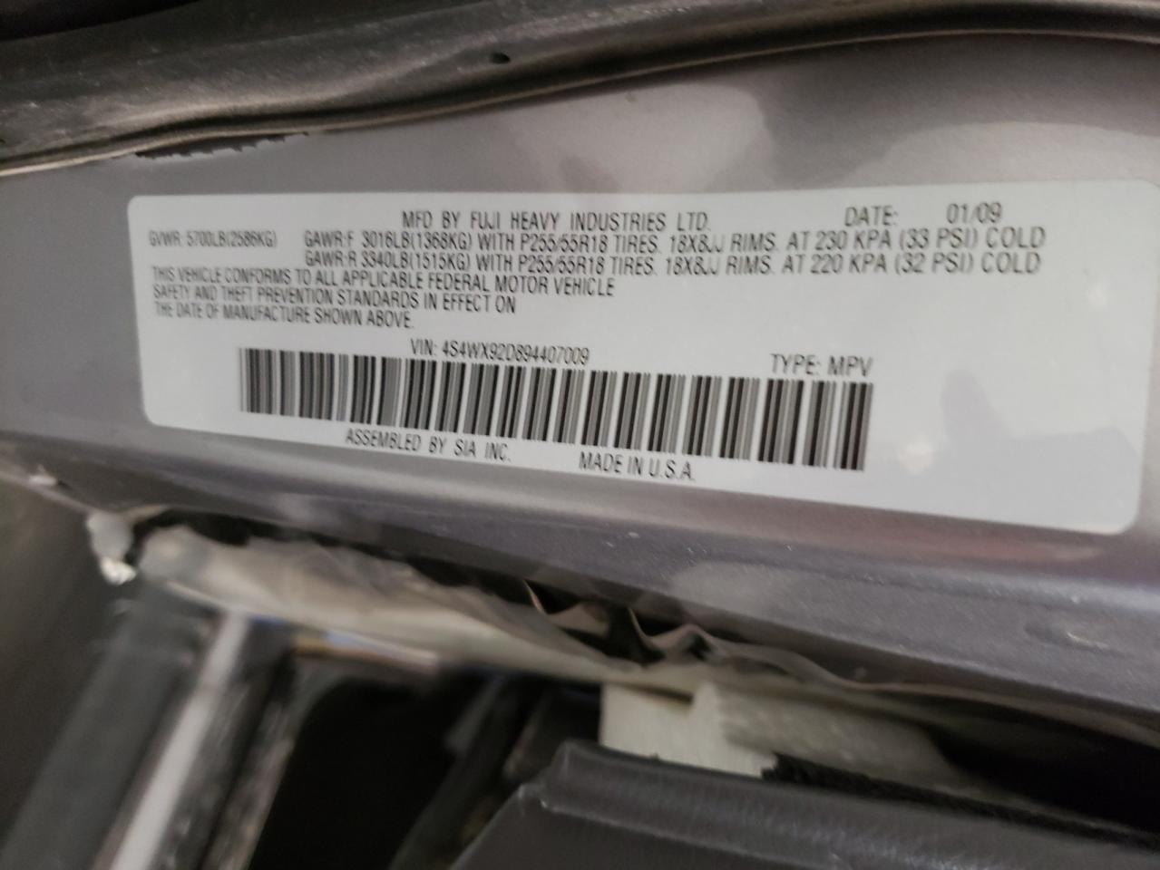 Photo 10 from auction – 2009 SUBARU TRIBECA LI with VIN 4S4WX92D894407009