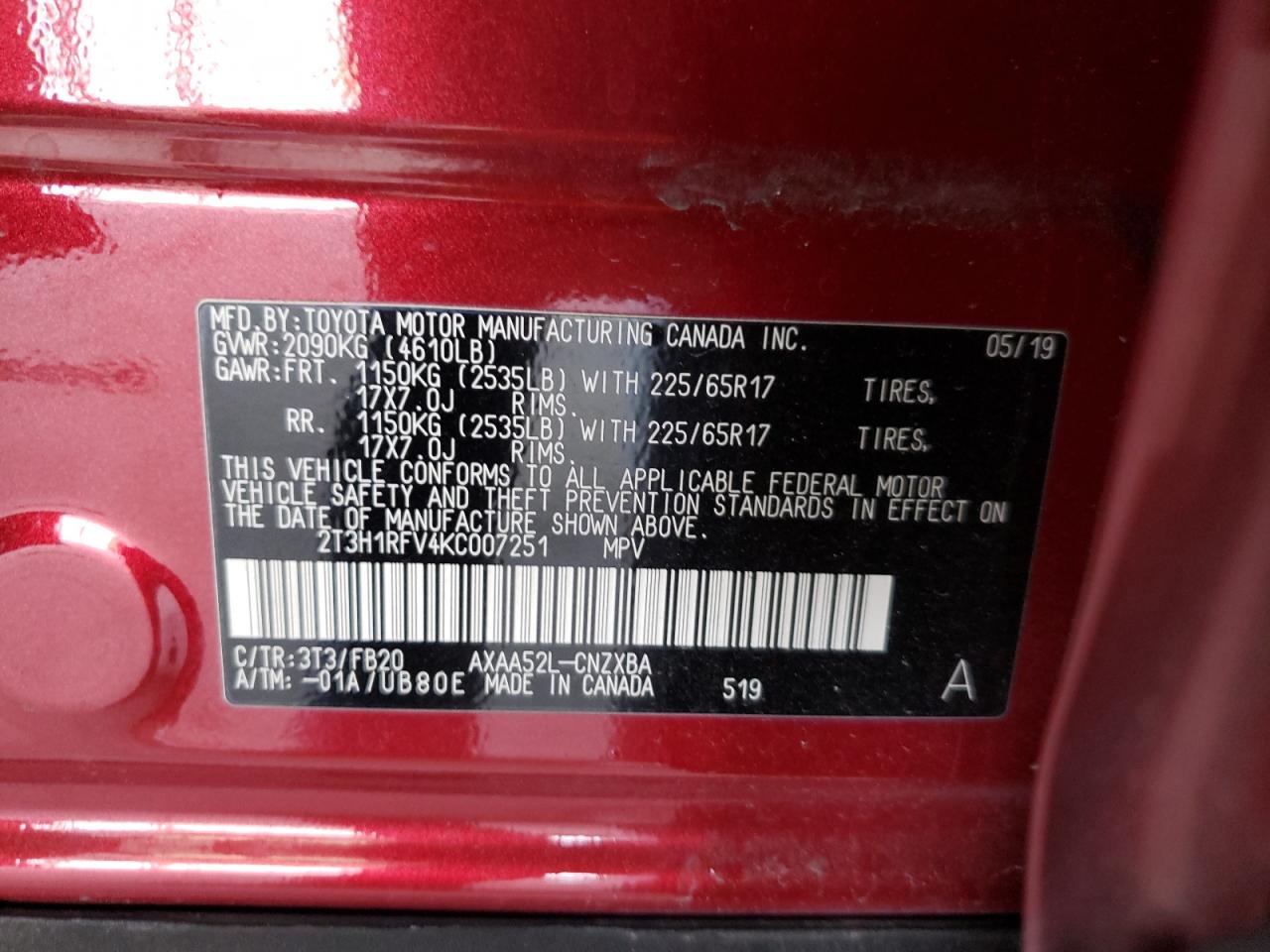 Photo 10 from auction – 2019 TOYOTA RAV4 LE with VIN 2T3H1RFV4KC007251