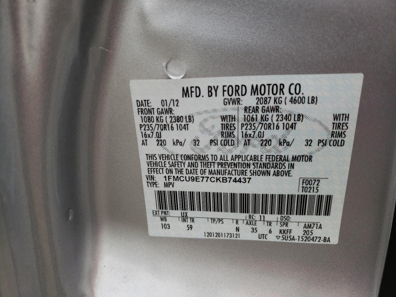 Photo 10 from auction – 2012 FORD ESCAPE LIM with VIN 1FMCU9E77CKB74437