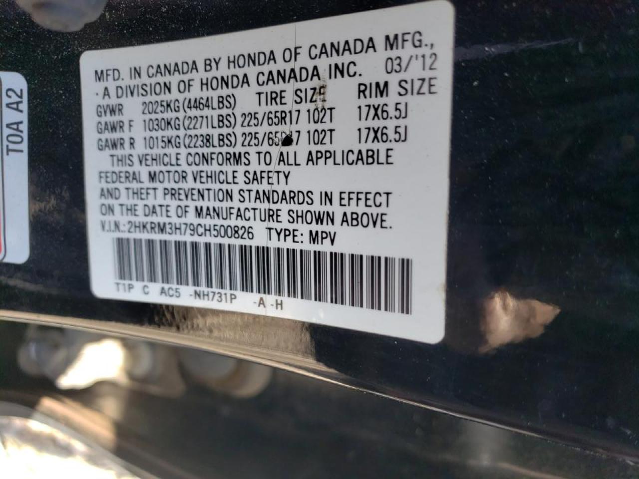 Photo 10 from auction – 2012 HONDA CR-V EXL with VIN 2HKRM3H79CH500826