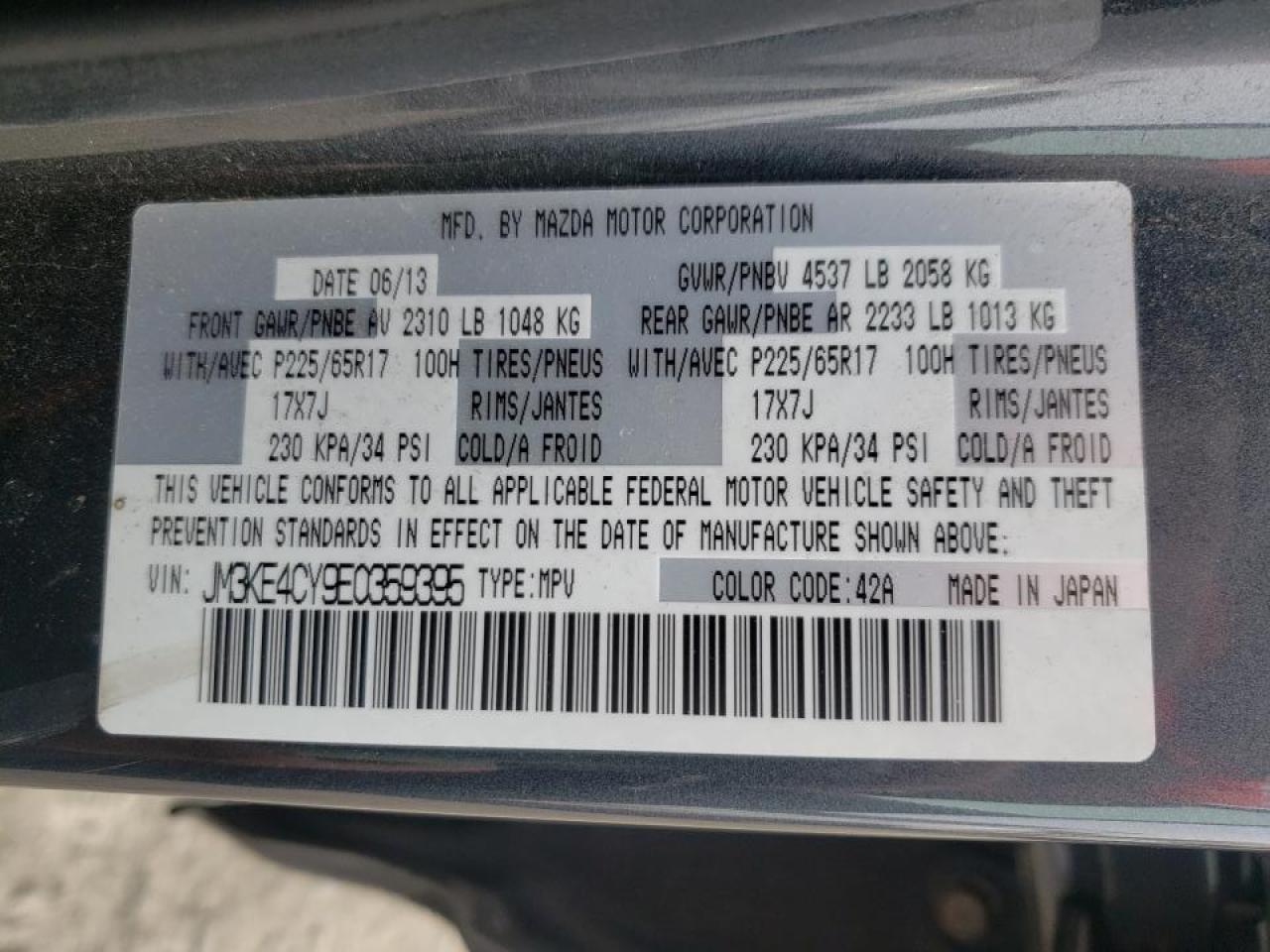 Photo 10 from auction – 2014 MAZDA CX-5 TOURI with VIN JM3KE4CY9E0359395