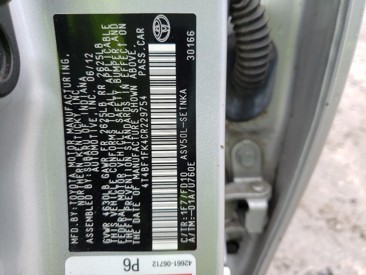 Photo 10 from auction – 2012 TOYOTA CAMRY BASE with VIN 4T4BF1FK4CR229754