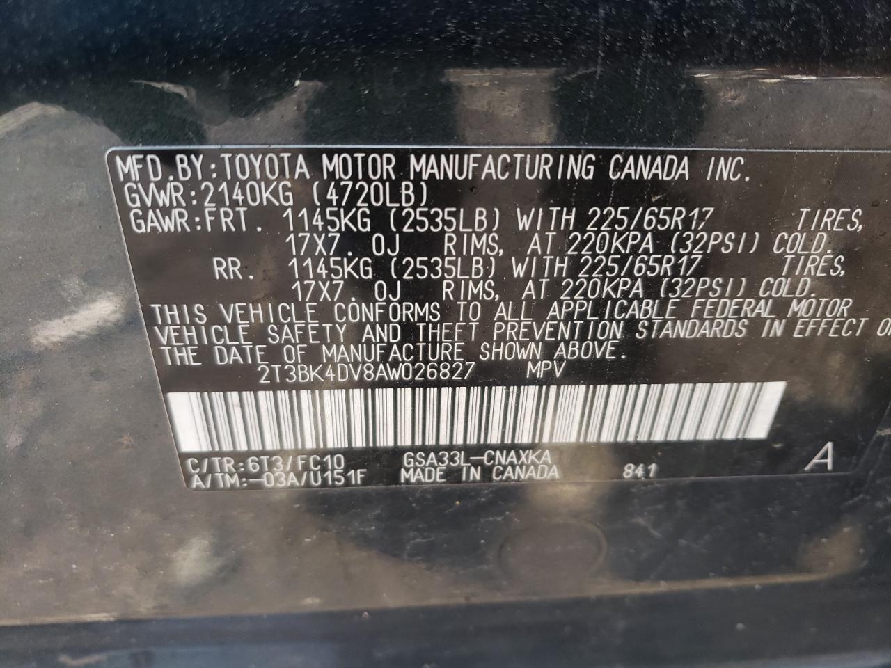 Photo 10 from auction – 2010 TOYOTA RAV4 with VIN 2T3BK4DV8AW026827