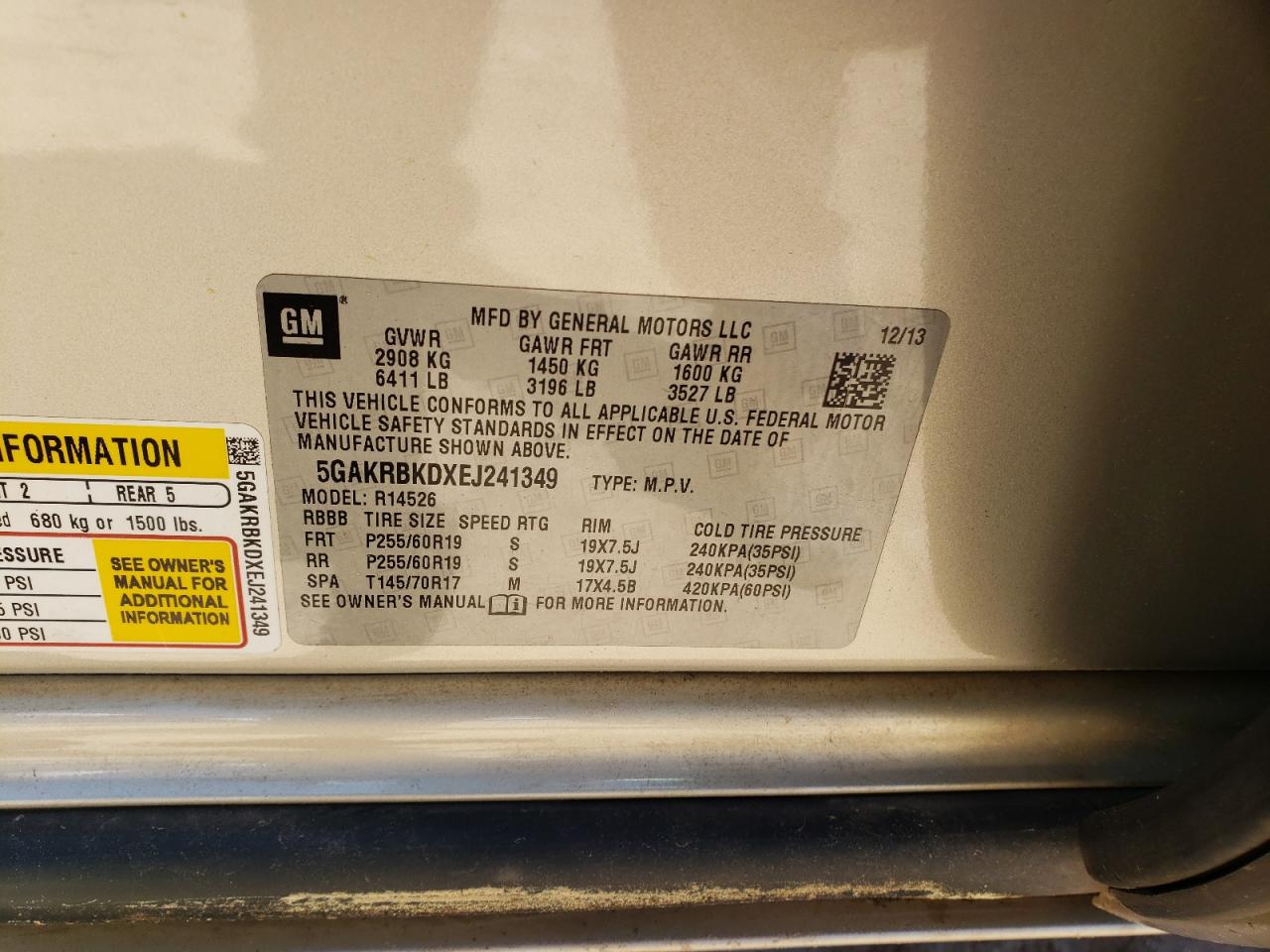 Photo 10 from auction – 2014 BUICK ENCLAVE with VIN 5GAKRBKDXEJ241349