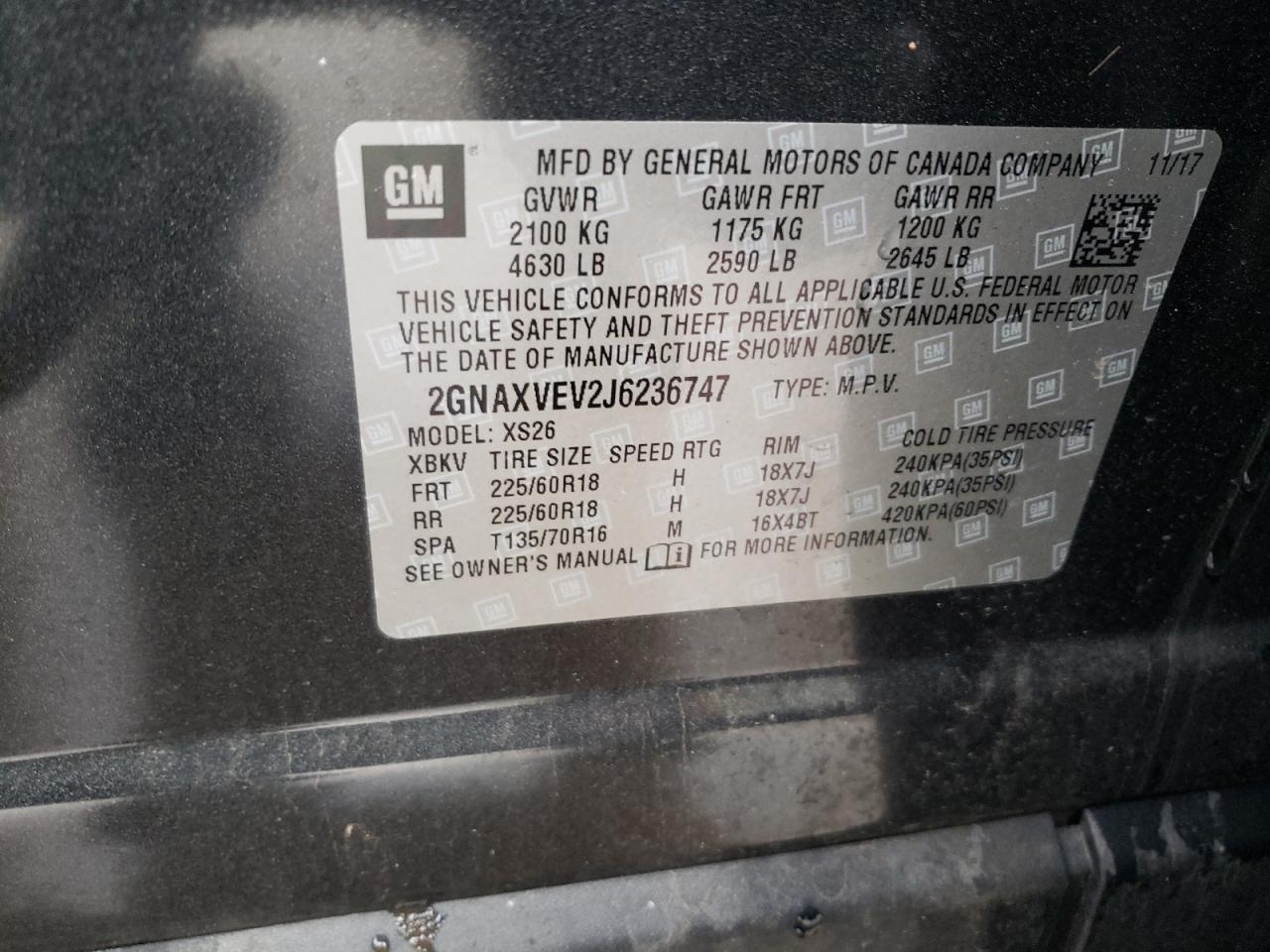 Photo 10 from auction – 2018 CHEVROLET EQUINOX PR with VIN 2GNAXVEV2J6236747