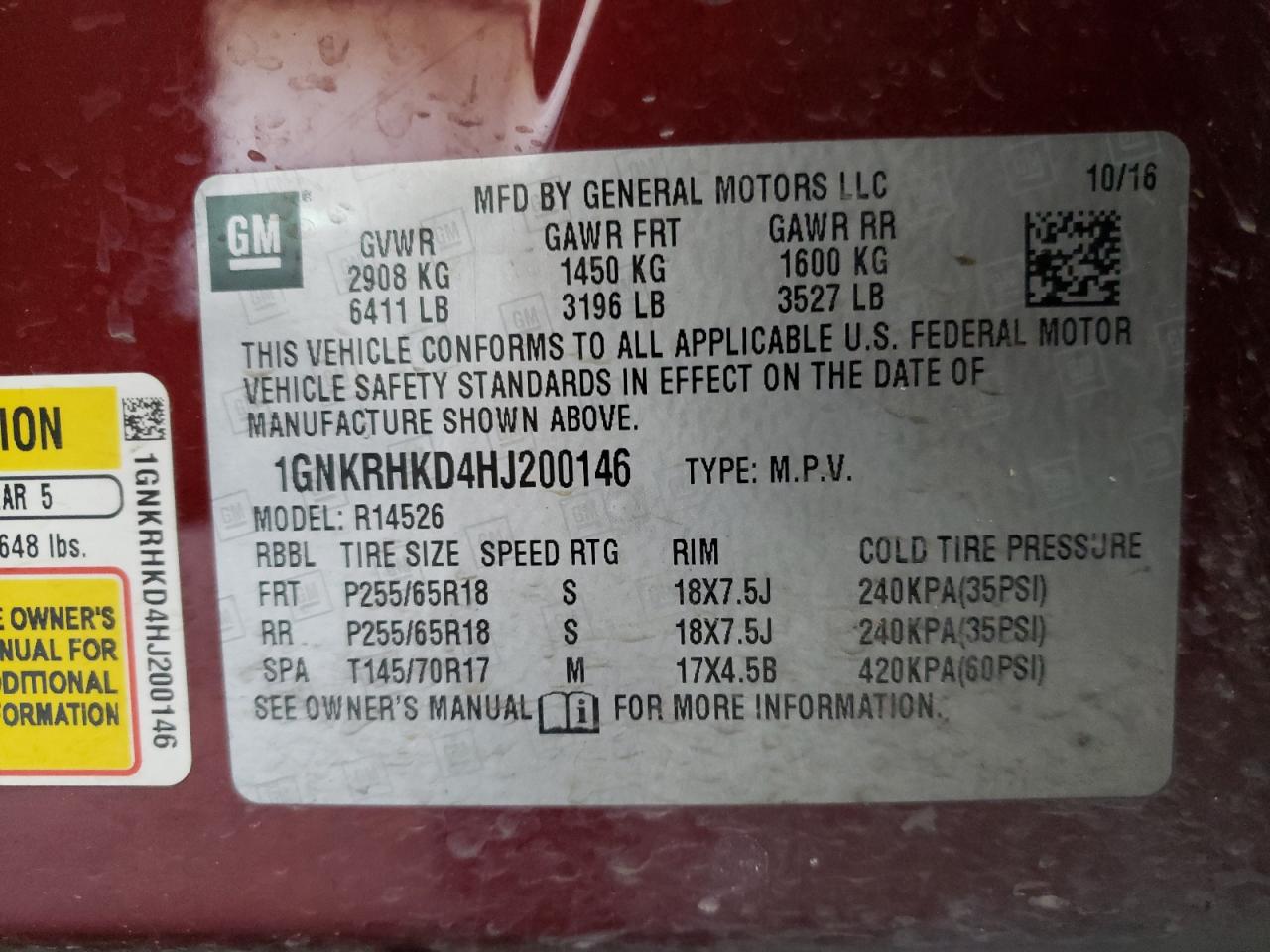 Photo 10 from auction – 2017 CHEVROLET TRAVERSE L with VIN 1GNKRHKD4HJ200146