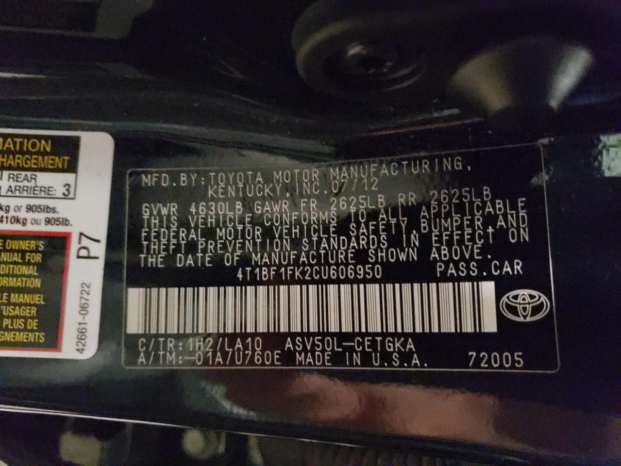 Photo 10 from auction – 2012 TOYOTA CAMRY BASE with VIN 4T1BF1FK2CU606950